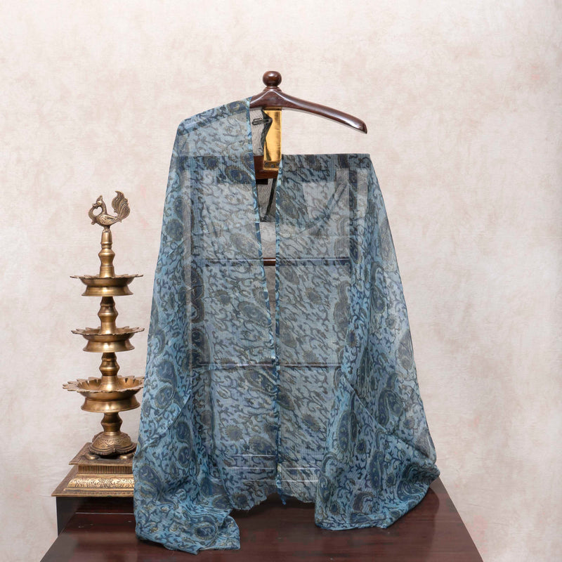 Hand Block Sky Blue Cotton Kurta, Bottom Fabric With Hand Block Kota Doria Dupatta