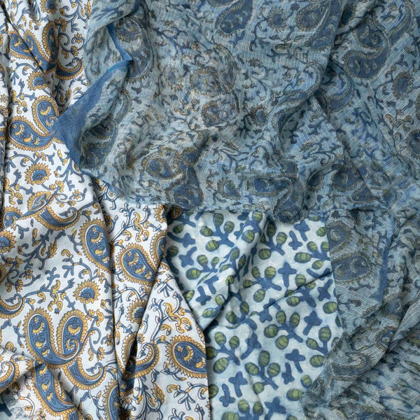 Hand Block Sky Blue Cotton Kurta, Bottom Fabric With Hand Block Kota Doria Dupatta