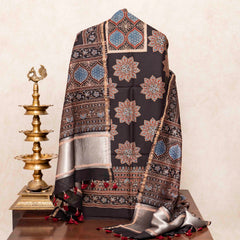 Hand Block Chanderi Ajrakh Kurta Fabric & Hand Block Chanderi Ajrakh Dupatta