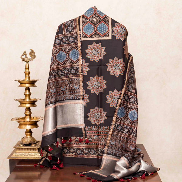 Hand Block Chanderi Ajrakh Kurta Fabric & Hand Block Chanderi Ajrakh Dupatta