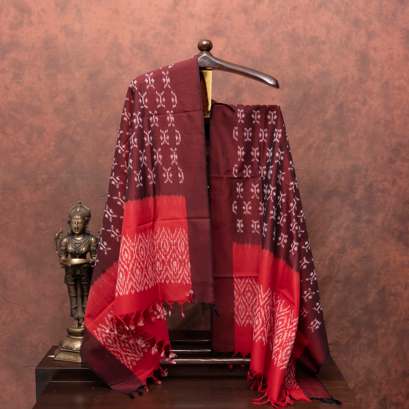 Handloom Cotton Ikkat White Kurta Fabric With Maroon Ikkat Dupatta
