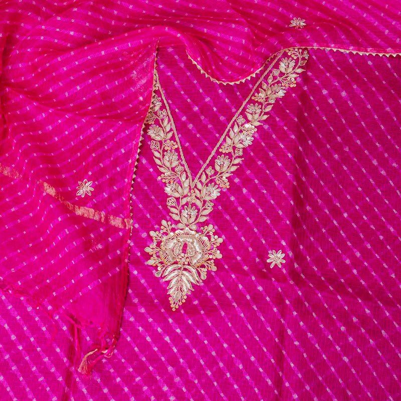 Hand Tie - Dye Kota Silk Kurta Fabric With Zari Hand Embroidery & Zari Hand Embroidery Dupatta