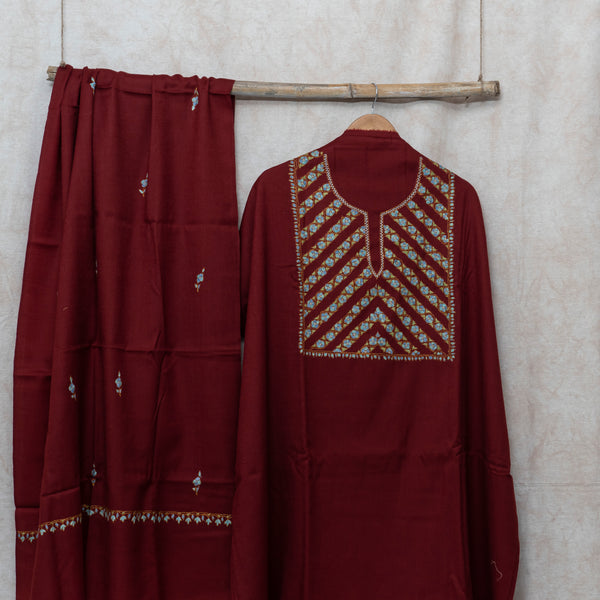 Maroon Kashmiri Hand Embroidered Woollen Kurta & Bottom Fabric With Kashmiri Embroidery Wollen Stole