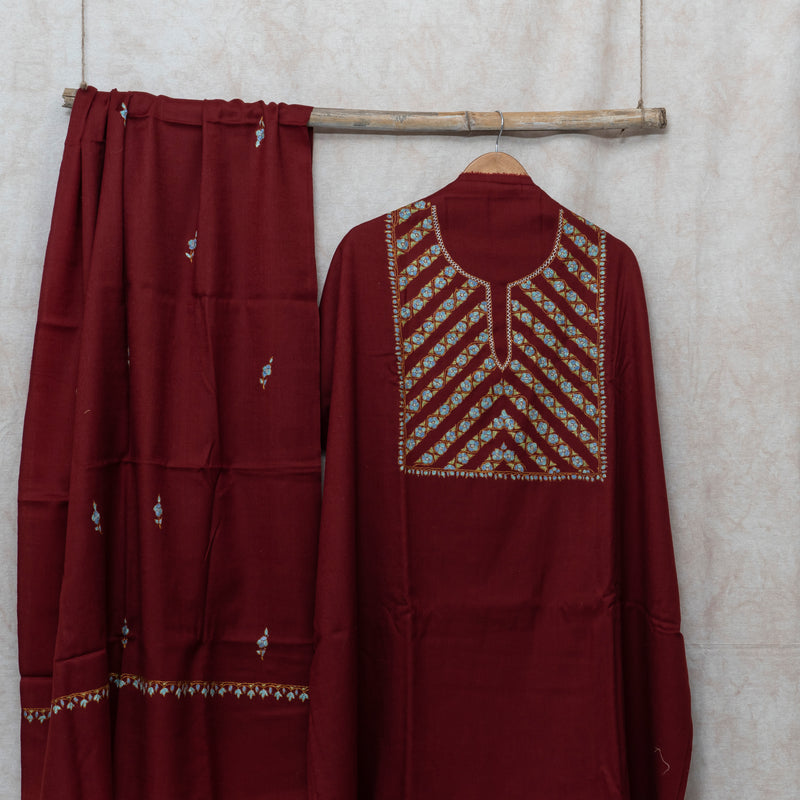 Maroon Kashmiri Hand Embroidered Woollen Kurta & Bottom Fabric With Kashmiri Embroidery Wollen Stole