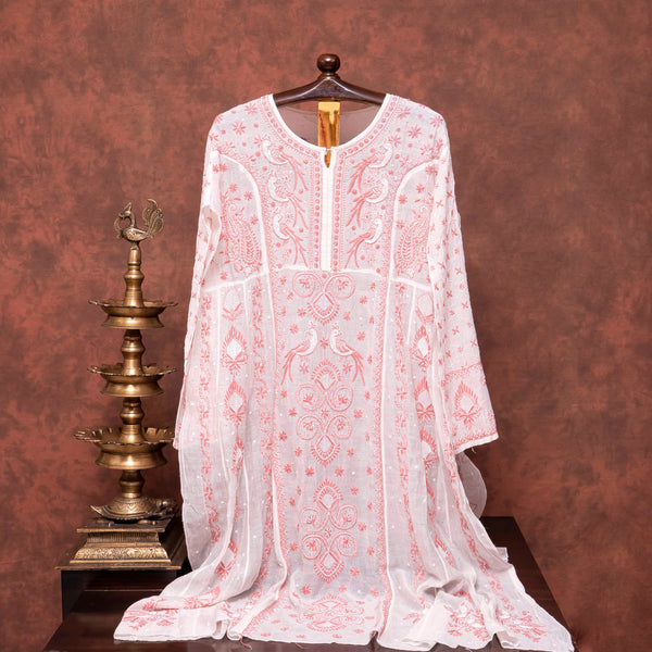 Mul Chanderi Semi Stitch Hand Embroidered Chikankari Kurta Fabric With Pearl & Cut Dana Work In Anarkali Pattern & Mul Chanderi Chikankari Dupatta