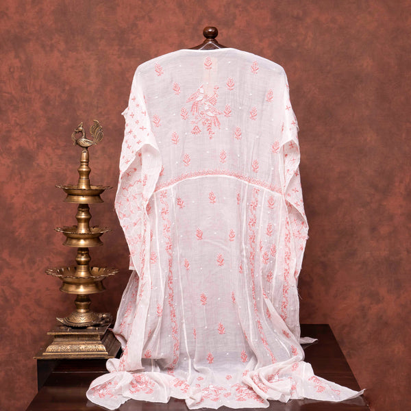 Mul Chanderi Semi Stitch Hand Embroidered Chikankari Kurta Fabric With Pearl & Cut Dana Work In Anarkali Pattern & Mul Chanderi Chikankari Dupatta