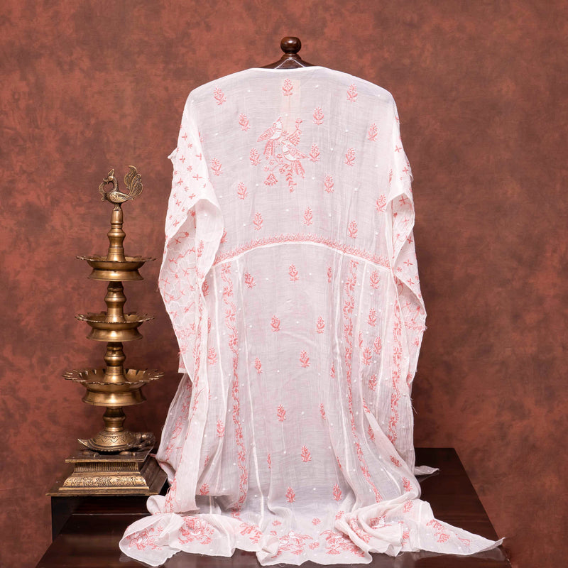 Mul Chanderi Semi Stitch Hand Embroidered Chikankari Kurta Fabric With Pearl & Cut Dana Work In Anarkali Pattern & Mul Chanderi Chikankari Dupatta