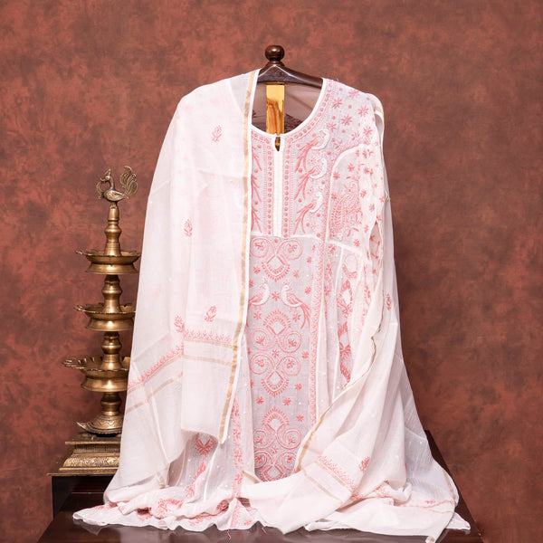 Mul Chanderi Semi Stitch Hand Embroidered Chikankari Kurta Fabric With Pearl & Cut Dana Work In Anarkali Pattern & Mul Chanderi Chikankari Dupatta