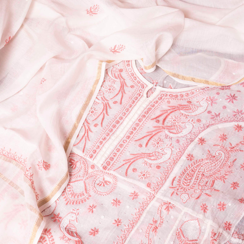 Mul Chanderi Semi Stitch Hand Embroidered Chikankari Kurta Fabric With Pearl & Cut Dana Work In Anarkali Pattern & Mul Chanderi Chikankari Dupatta