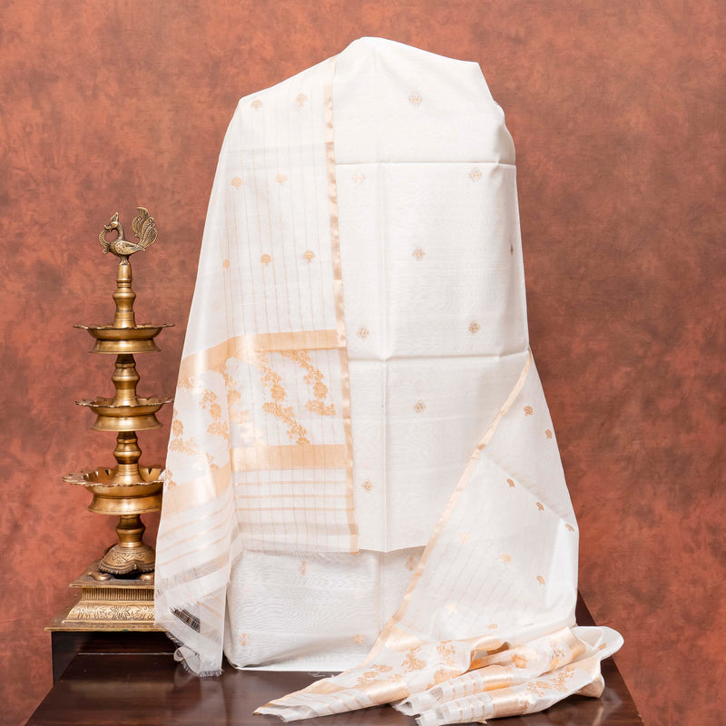 Handloom Chanderi Silk Kurta, Bottom Fabric & Handloom Chanderi Silk Dupatta With Kadwa Weave