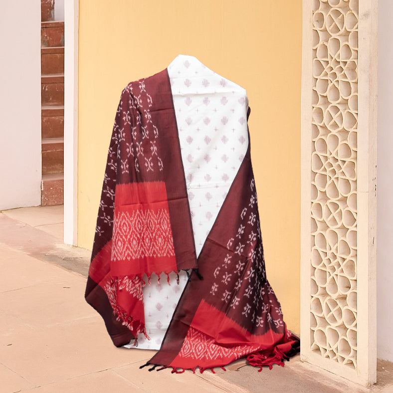 Handloom Cotton Ikkat White Kurta Fabric With Maroon Ikkat Dupatta