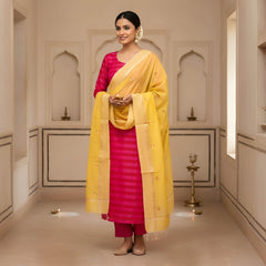Handloom Cotton Silk Striped Kurta, Bottom Fabric With Handloom Maheshwari Silk Lambani Dupatta