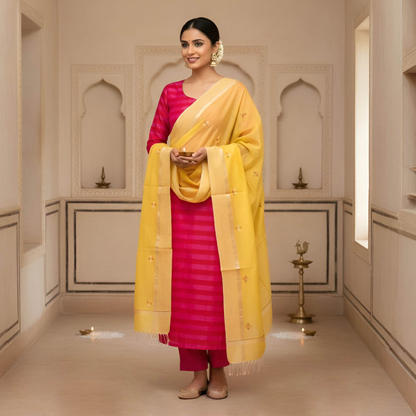 Handloom Cotton Silk Striped Kurta, Bottom Fabric With Handloom Maheshwari Silk Lambani Dupatta